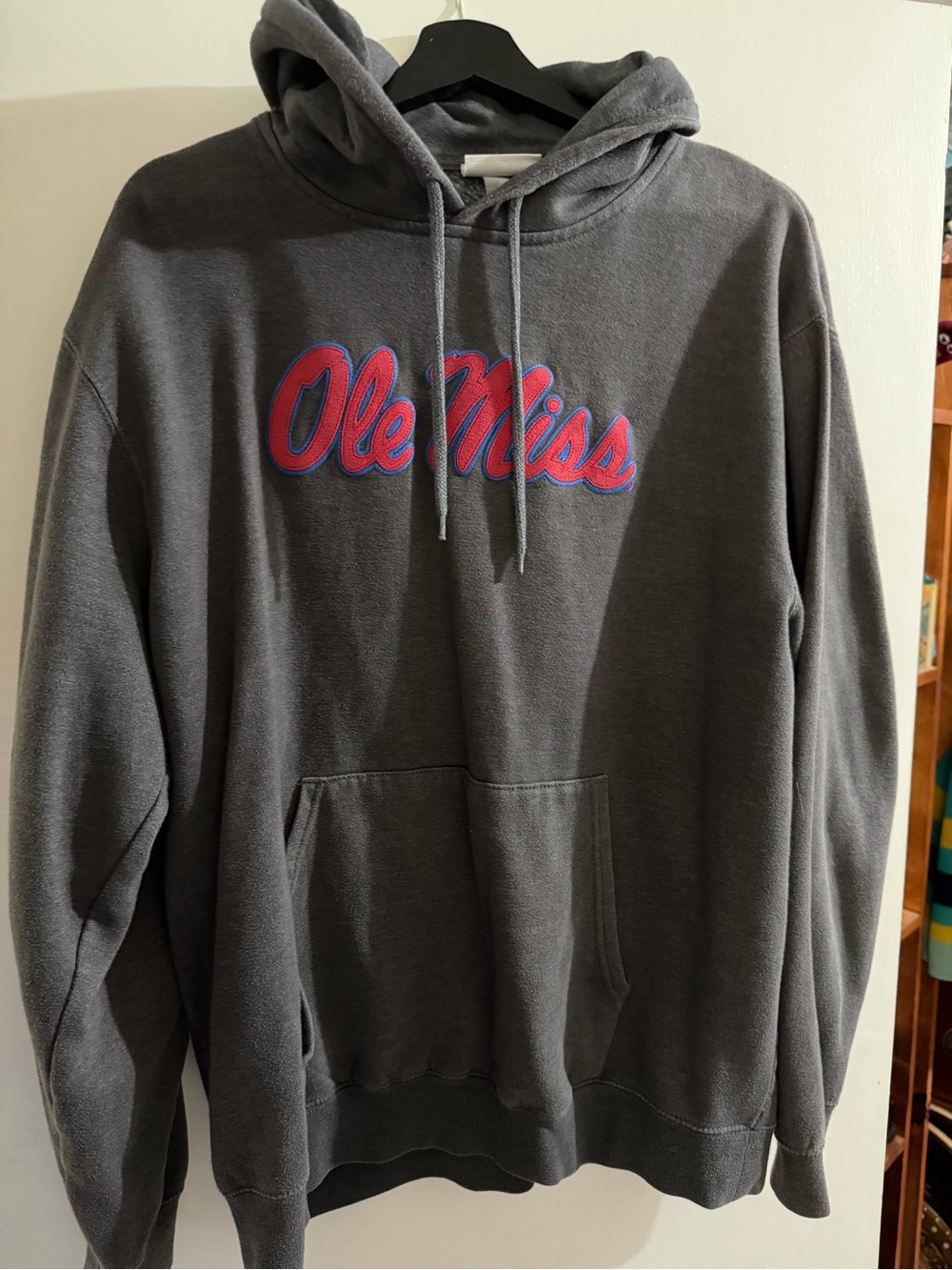 Majestic Gray Ole Miss Pullover Hoodie with Red and Blue Script